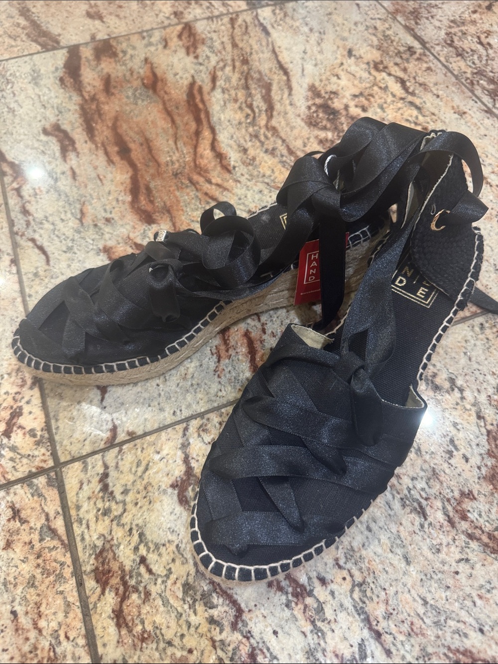 Handmade Black Ribbon Espadrille Wedge Sandals